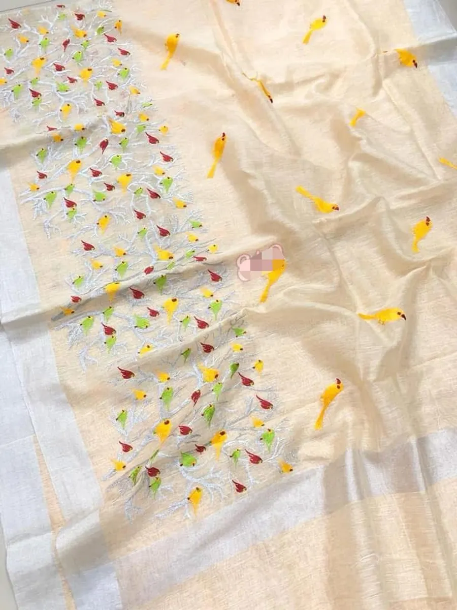 Pure Silk Linen Saree with Jari Border – New Floral & Bird Embroidery Work